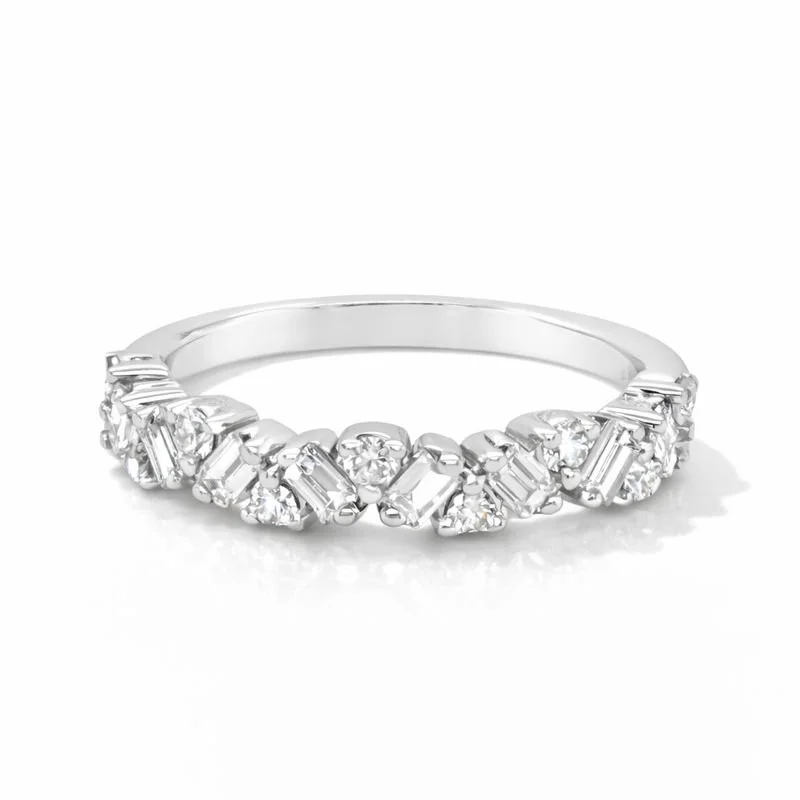 Straight Baguette + Round Shaped Cluster Half Diamond Band