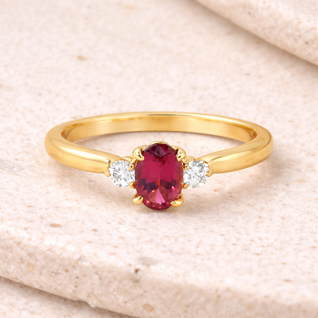 A 14k Yellow Gold ring with three stones,  a brilliant Pink tourmaline gem with two round natural diamonds on either side from Brilliant Fine+Custom Jewelry