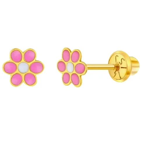 Pink Enamel Flower Stud Earrings