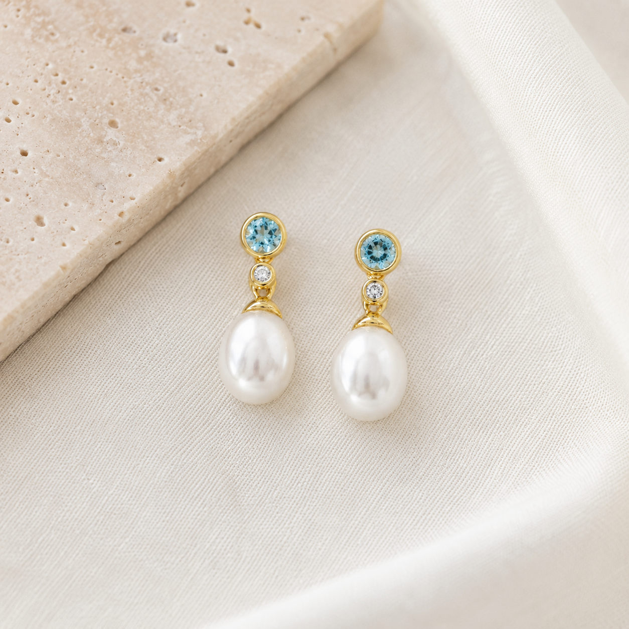Blue Topaz, Diamond + Pearl Drop Earrings 3.png