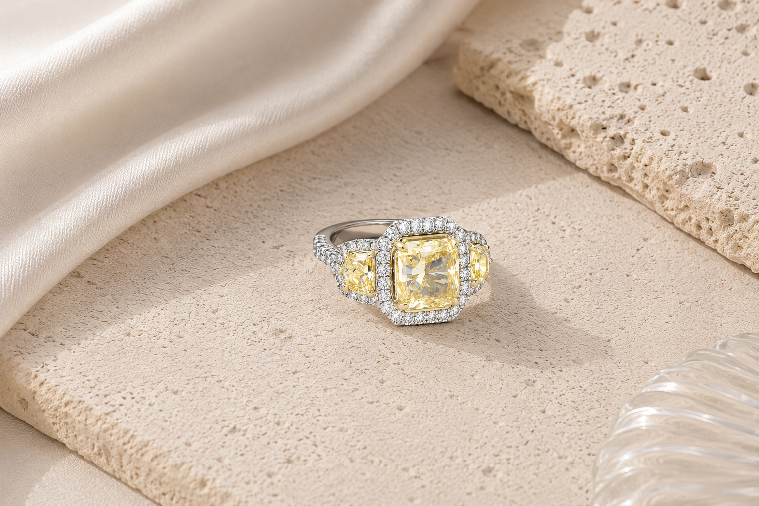 Two-tone gold radiant-cut butter yellow diamond three-stone halo ring from Brilliant Fine+Custom Jewelry