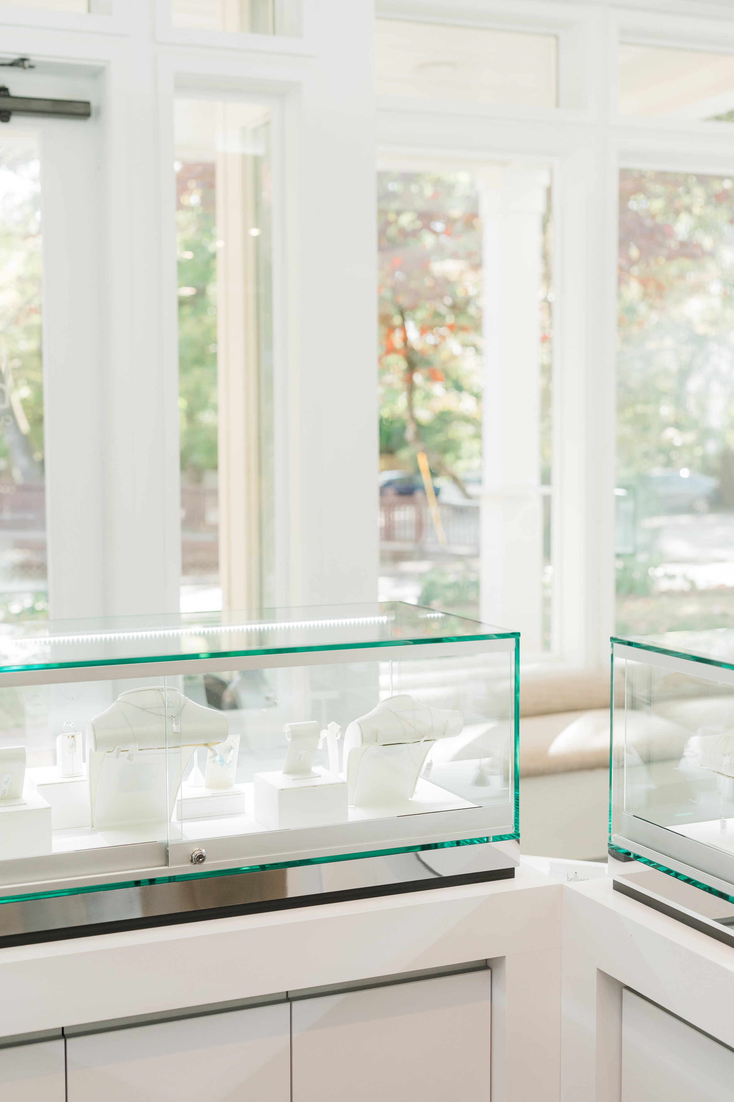 A photo of the bright, curated display cases and windows at Brilliant Fine+Custom Jewelry in Roswell Atlanta.