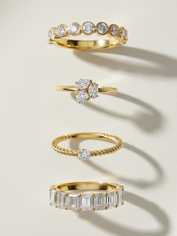 4 custom-made yellow gold rings and bands handcrafted by Brilliant Fine+Custom featuring different cuts of diamonds and band styles that make for perfect candidates for a ring stack.