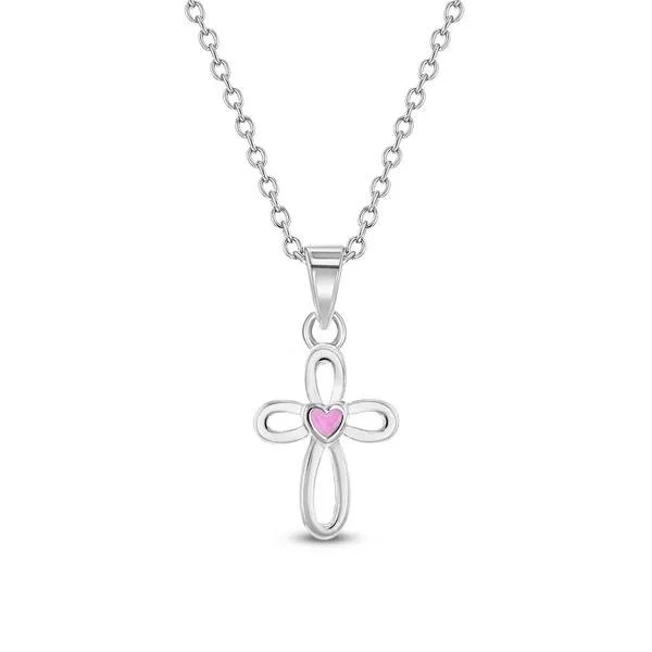 Curved Cross Necklace with Pink Enamel Heart
