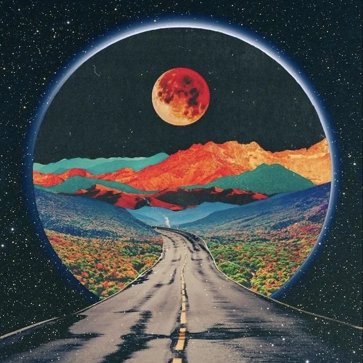 Road leading into a vibrant landscape with mountains and trees, viewed through a circular frame, under a starry sky with a blood moon.
