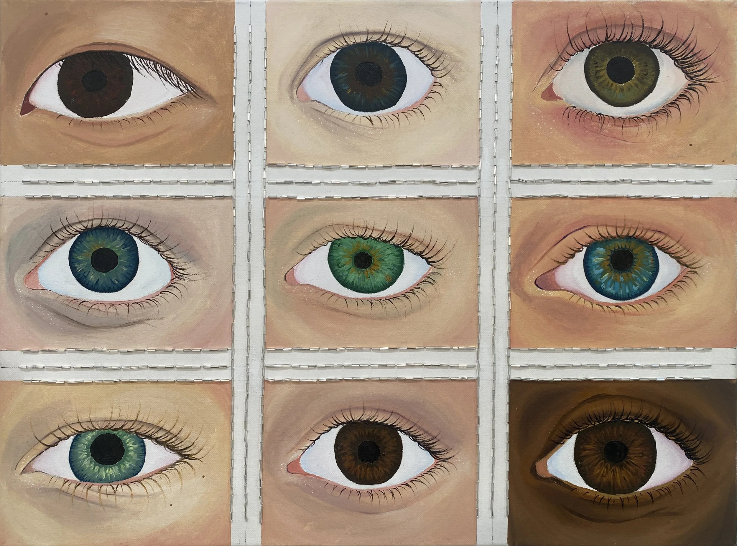 "Art Class Eyes"
Oil paint, Silver Beads
2024