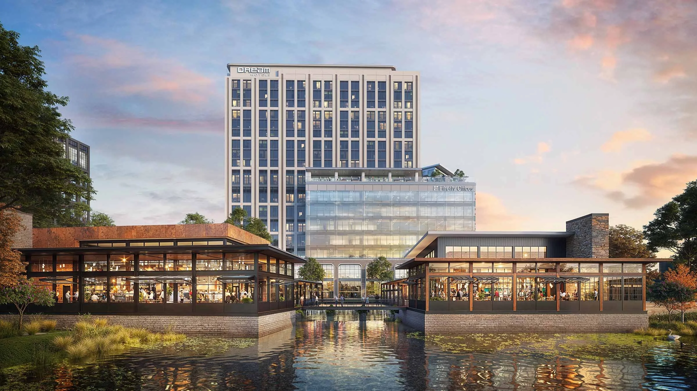 A sunset view of Firefly Offices and the Dream Hotel in Frisco Texas