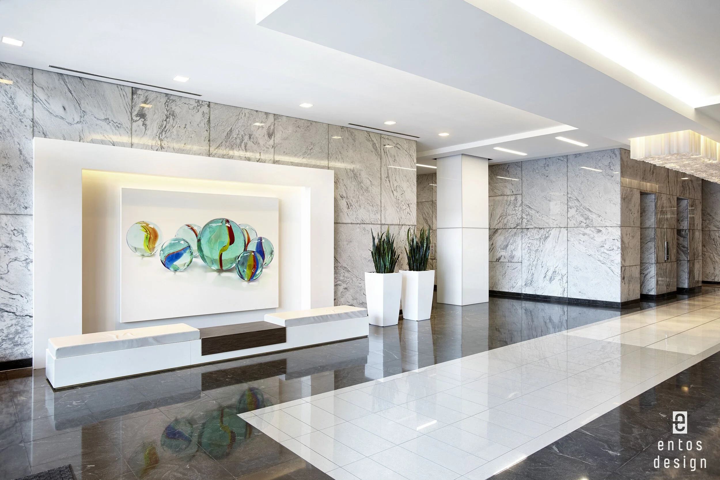Building lobby with plants and artwork
