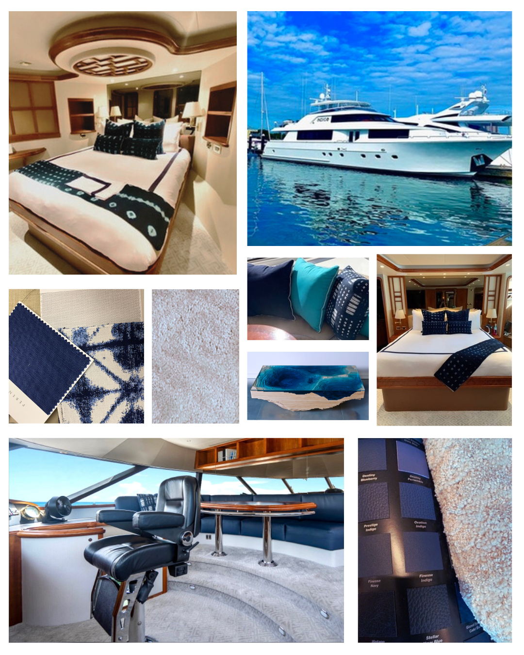 A photo collage featuring a white yacht on the ocean, a freshly remodeled stateroom, a newly designed captains lounge, nautical textiles, as well as a centerpiece, The Abyss Table by Christopher Duffy for Duffy London.