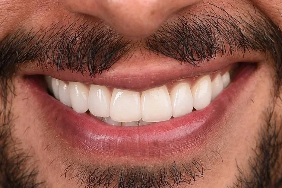 Diseño de sonrisa con carillas de porcelana en paciente masculino.