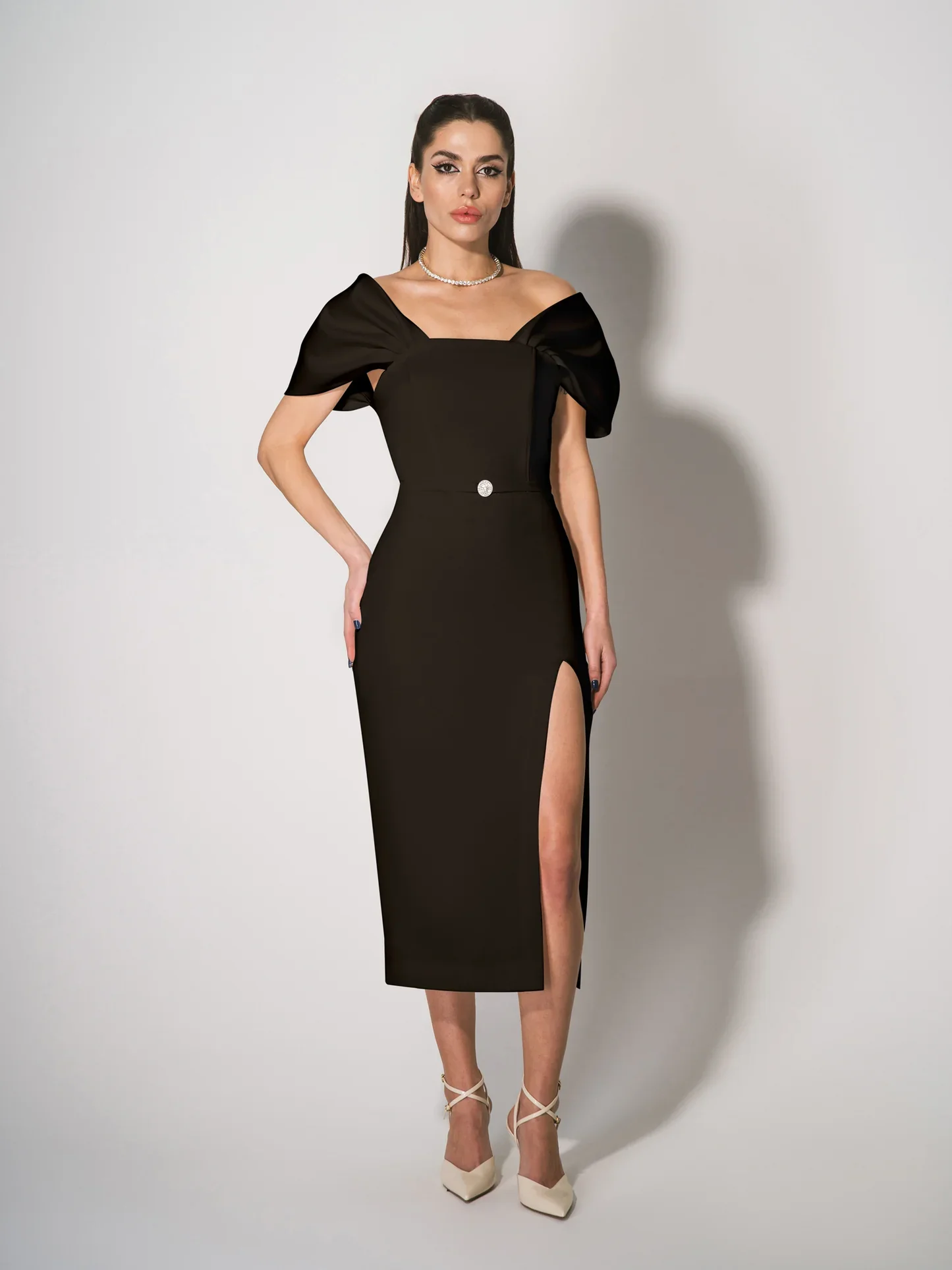 Off-Shoulder Slit Midi Dress