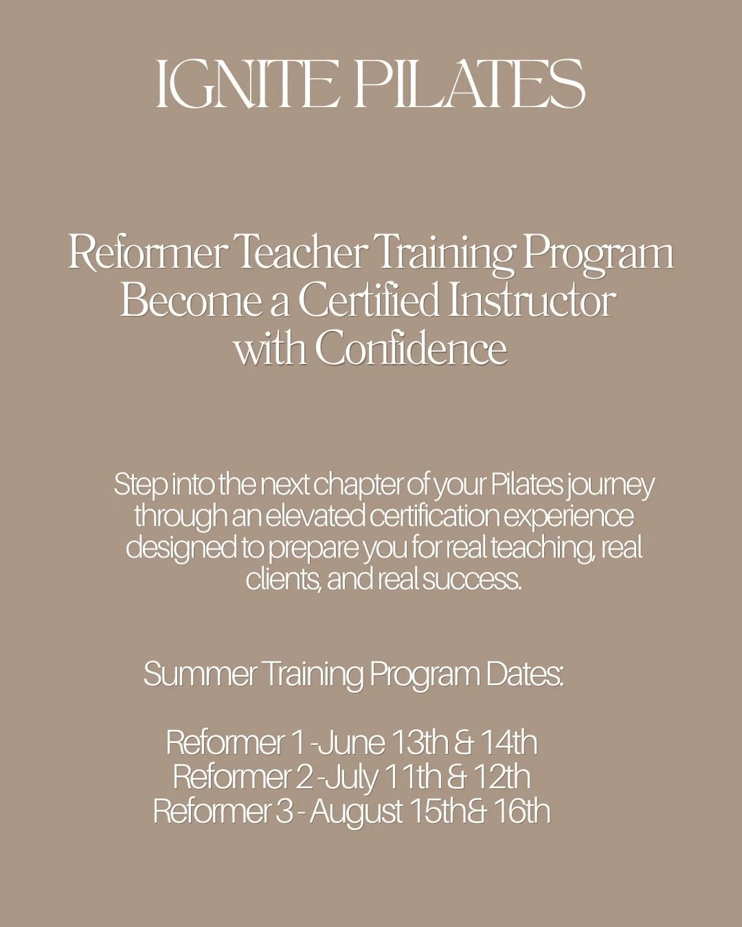 We&rsquo;re officially announcing our Reformer Teacher Training Dates ✨

This isn&rsquo;t just another certification&hellip;
This is where you learn how to actually teach.

Our 150-hour Ignite Reformer Certification is built inside a real, working st
