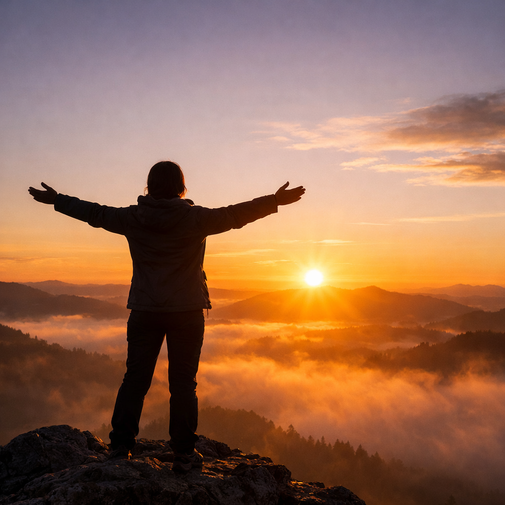 Silhouette of person on a mountain at sunrise symbolizing resilience and healing from trauma