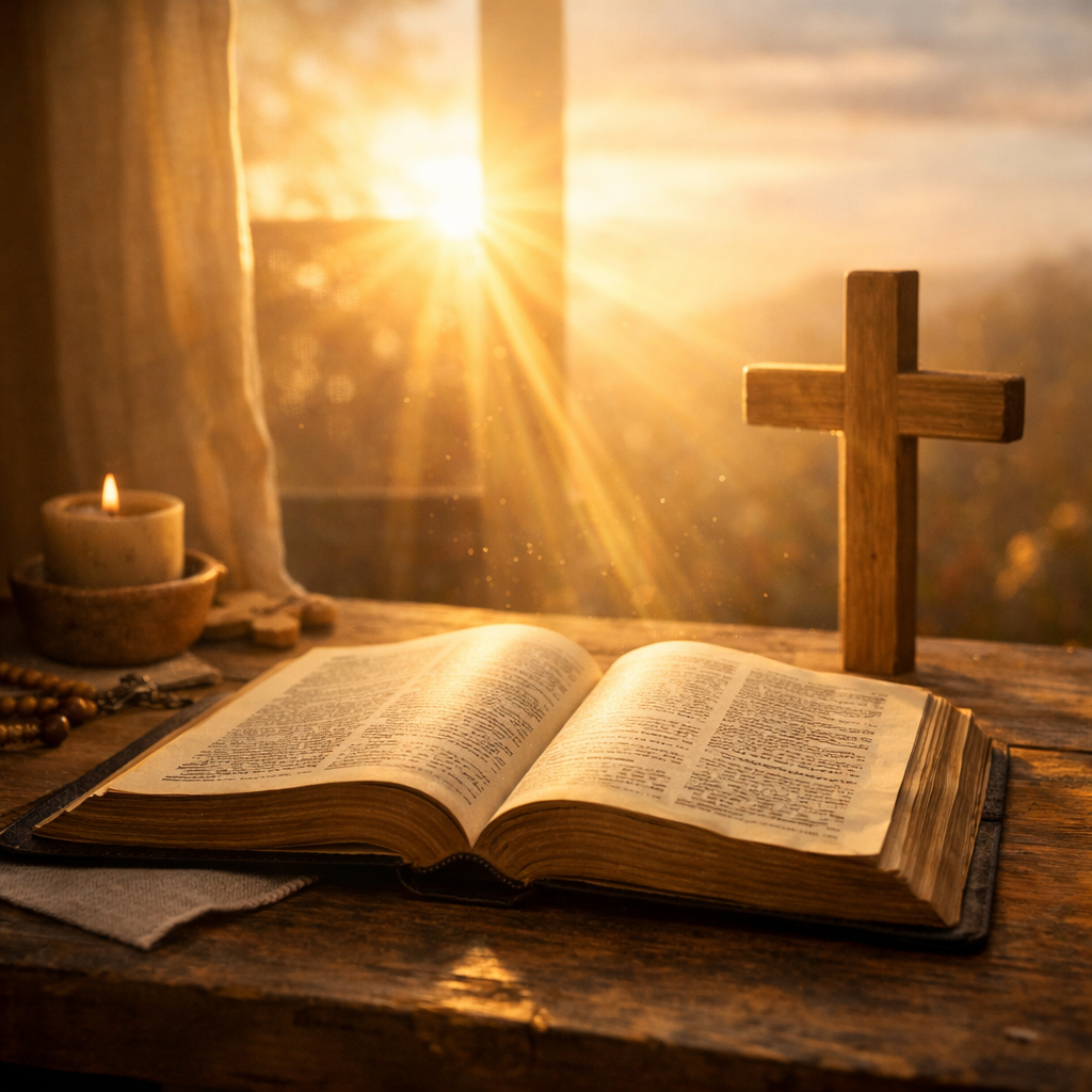Open Bible with sunlight and cross representing faith-based healing