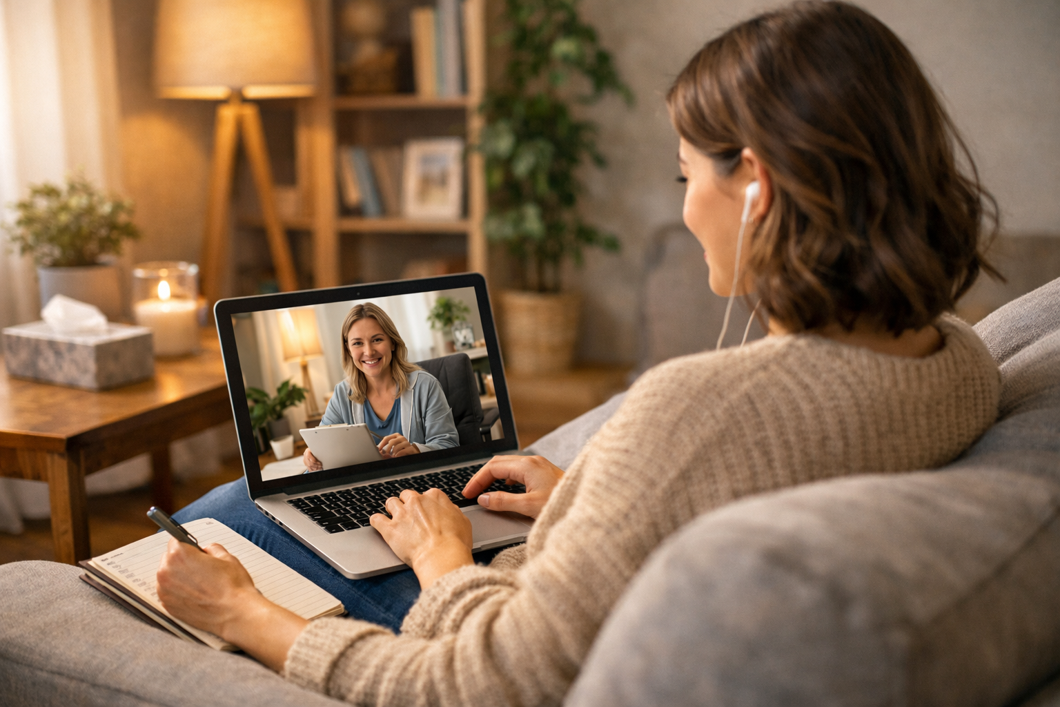 Person having an online therapy session symbolizing telehealth EMDR therapy