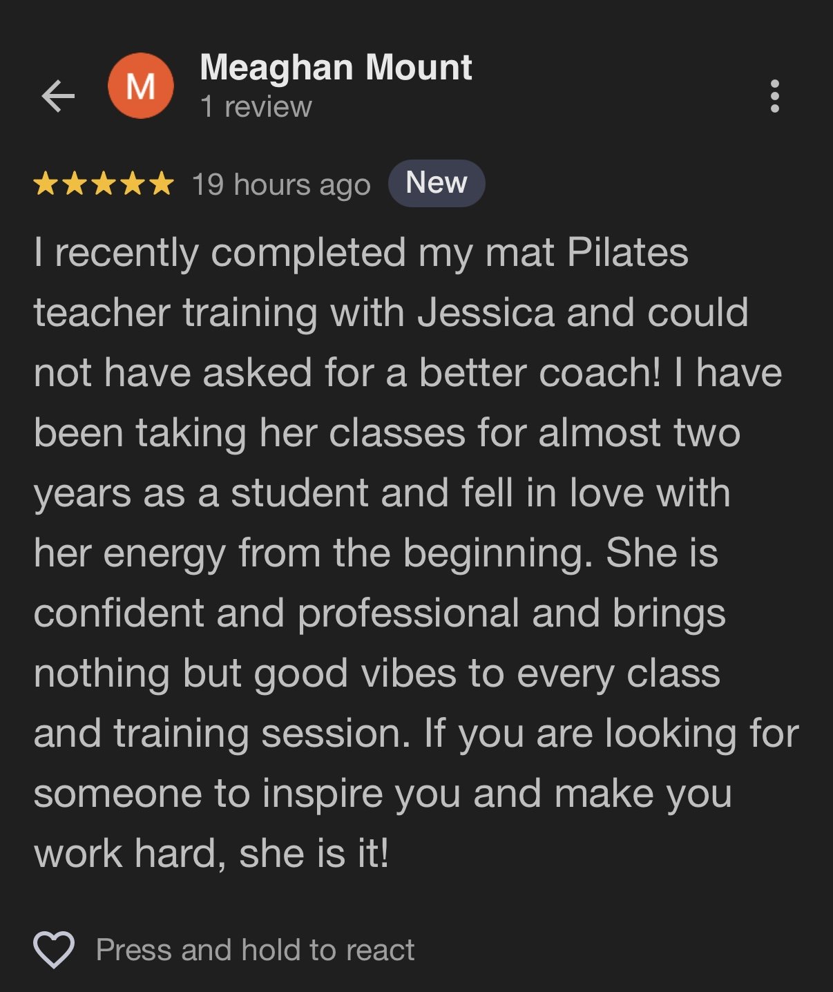 Online review of a Pilates teacher named Jessica, praising her energy, professionalism, and inspiring classes.