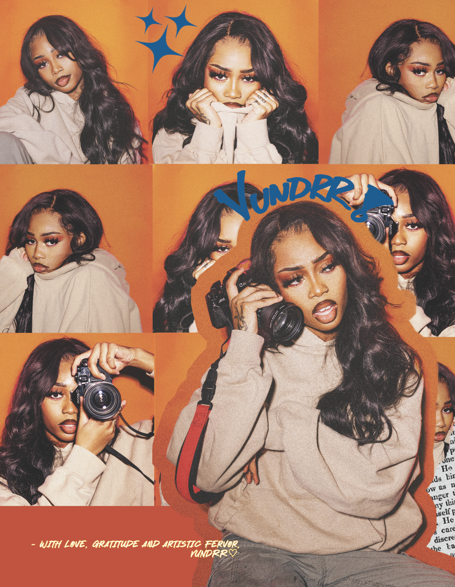 Collage of a woman with long hair in various poses holding a camera, wearing a beige hoodie, against an orange background with blue stars and text "Vundrr".