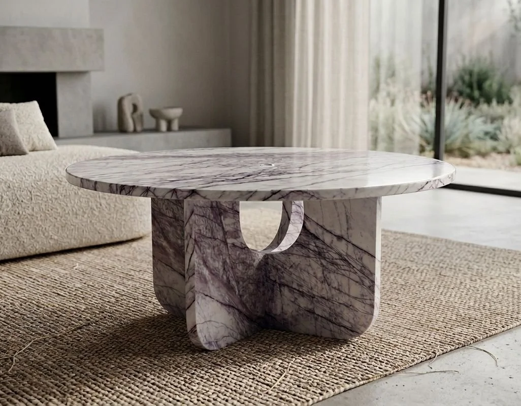 Mesa de Centro Onda circular con base curva escultórica en mármol natural, diseño TAVOL hecho a la medida en CDMX