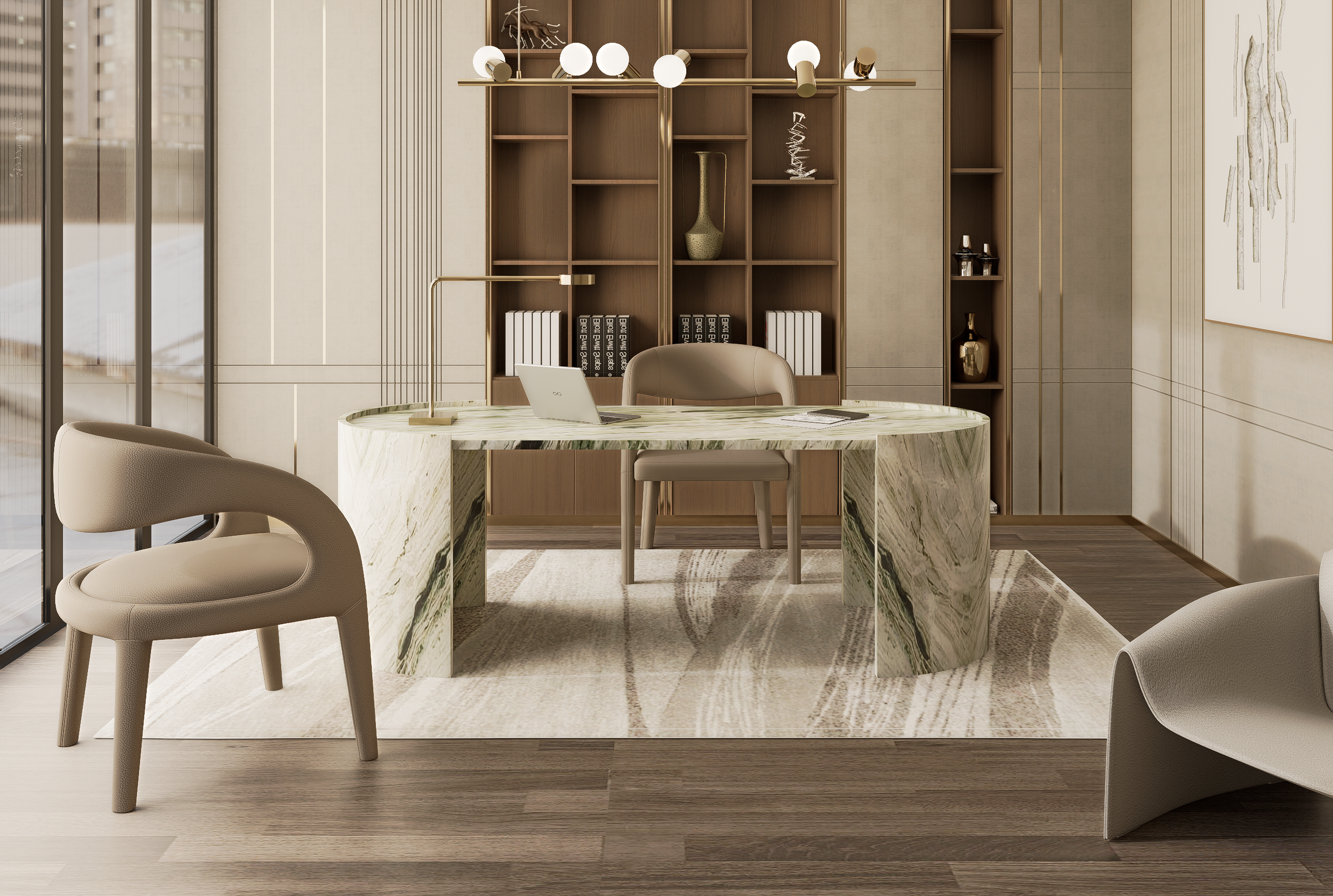 Escritorio en mármol verde Alpí, diseño TAVOL para home office hecho a la medida en CDMX