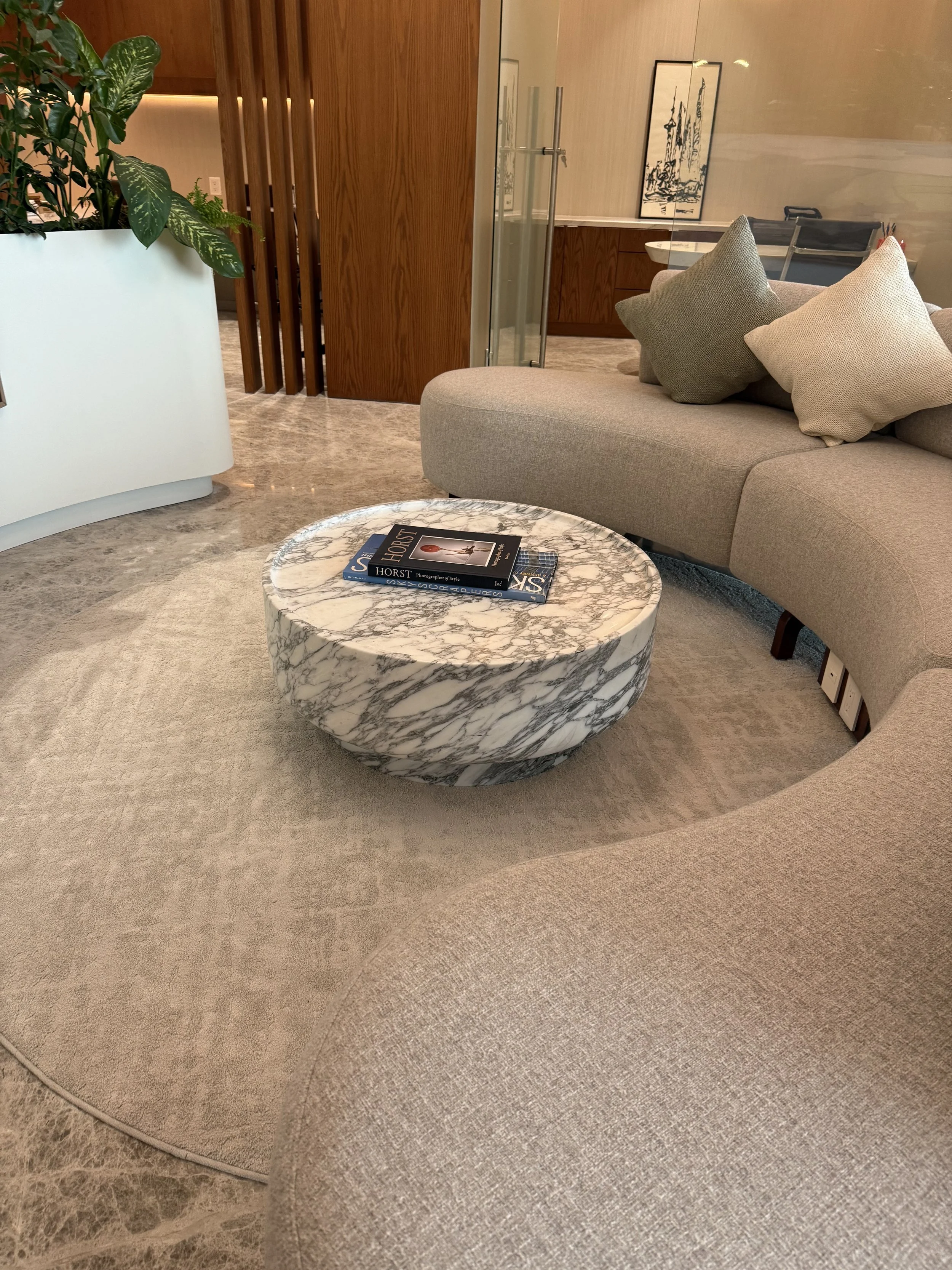 Sala de estar con mesa de mármol, un sofá con cojines, plantas y cuadros decorativos en la pared.