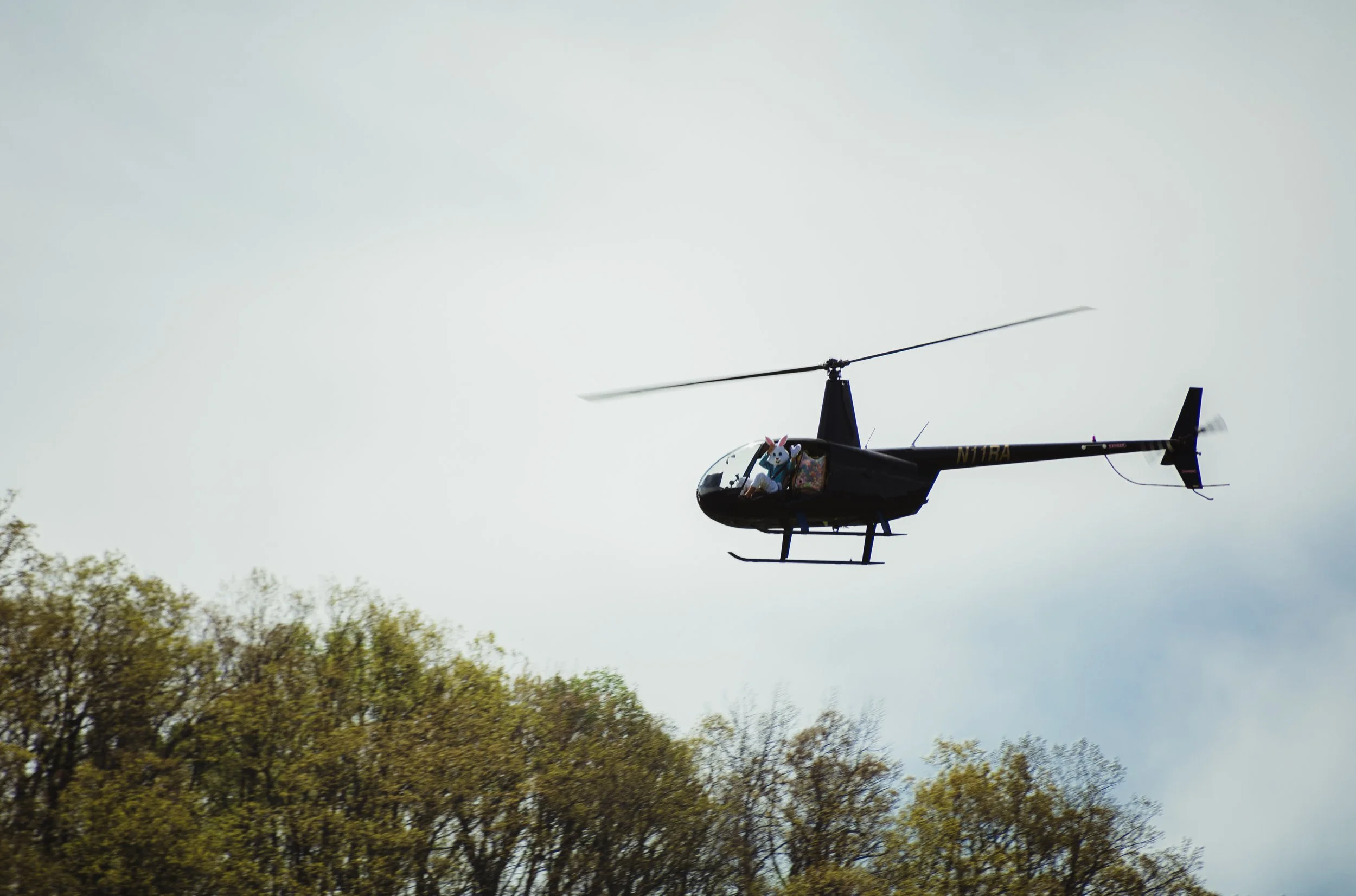 A helicopter flying in the sky above trees, with a person inside wearing a costume that has a colorful mask and rabbit ears.