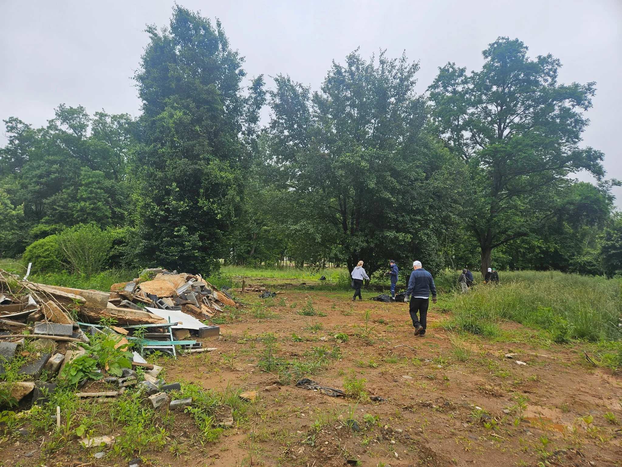 Group of people walking through a cleared, grassy area with trees in the background, and a pile of debris on the left.