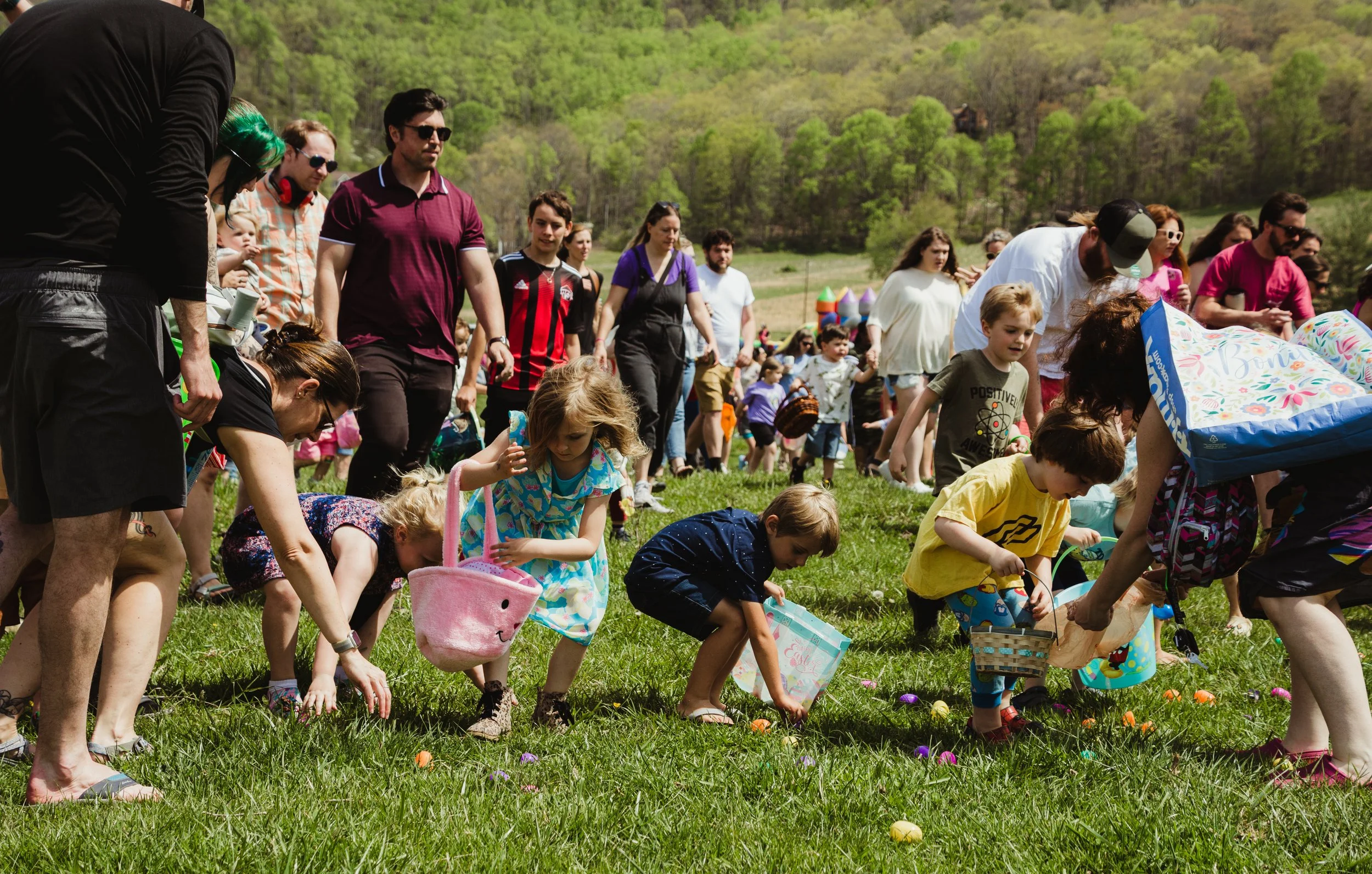 People, including many children, participating in an Easter egg hunt outdoors on a grassy field under a green, wooded hillside.
