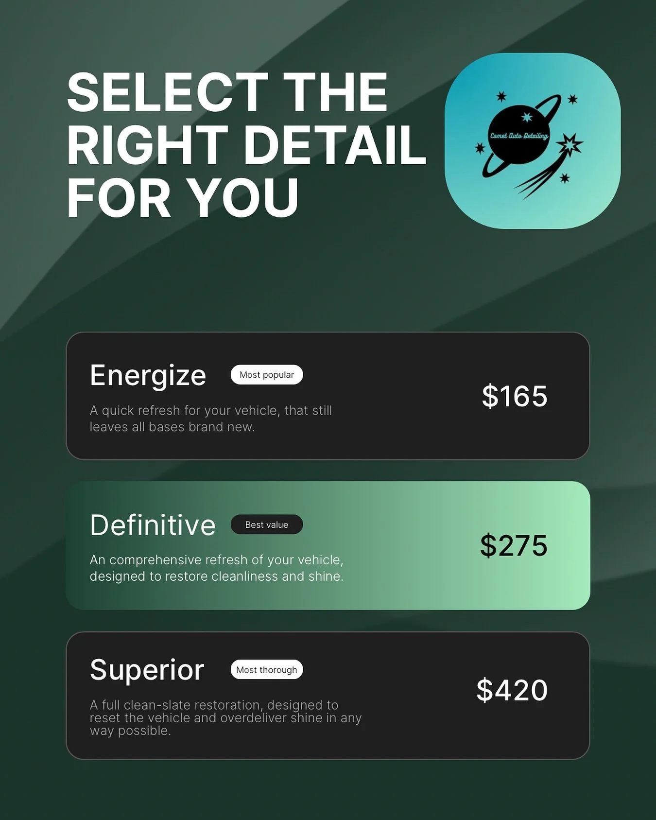 β¨ Whether you need a quick refresh or a full clean-slate reset — we’ve got the perfect detail for your ride.
π₯ Energize — $165 (Most Popular)
π Definitive — $275 (Best Value)
π₯ Superior — $420 (Most Thorough)
πΉ Cle