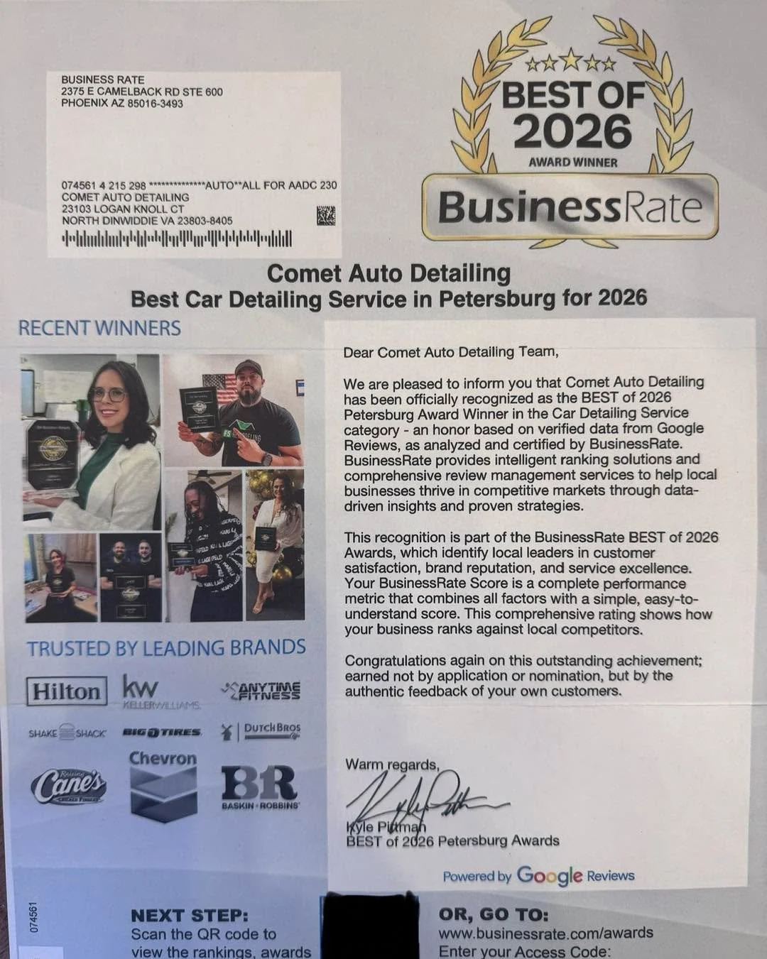 🏆 AWARD-WINNING DETAILING ISN&rsquo;T GIVEN &mdash; IT&rsquo;S EARNED. 🏆

We&rsquo;re honored to announce that Comet Auto Detailing has been recognized as the Best Car Detailing Service in Petersburg for 2026 by BusinessRate, based on verified cust