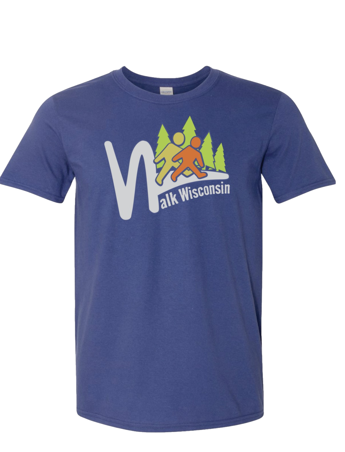 Walk Wisconsin Participant Shirt 2026.  Medium Blue crew neck tee with white text. Logo is bright orange, yellow and green