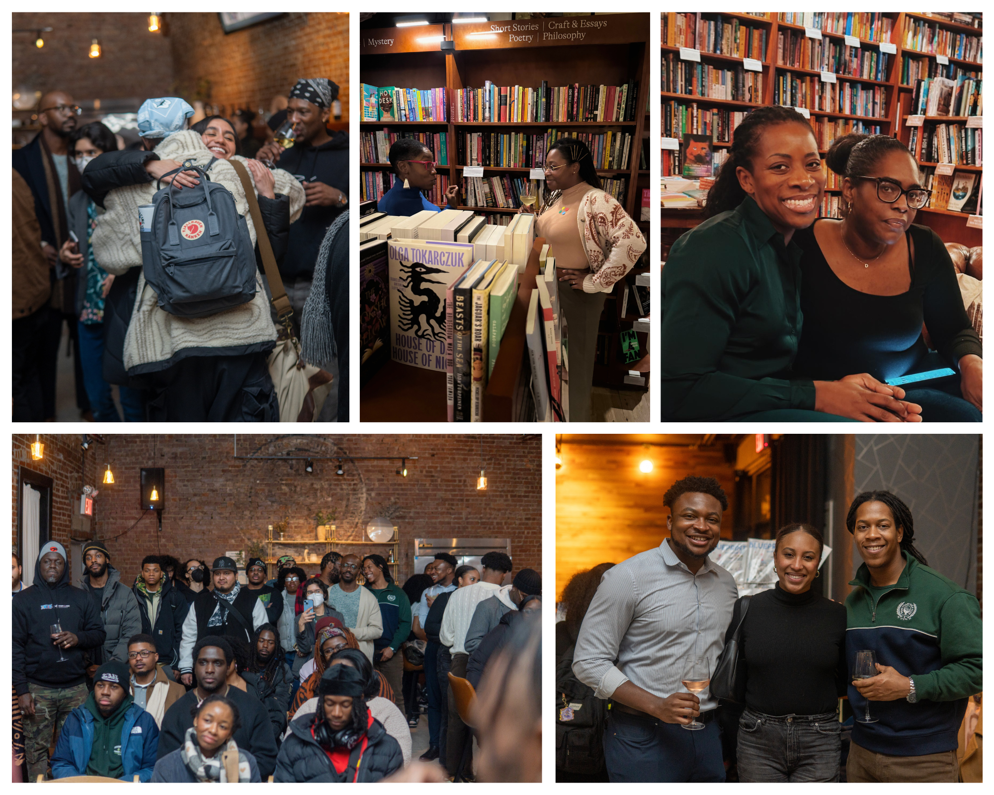 A collage of five photos depicting a book event or gathering. The photos show groups of people socializing, browsing bookshelves, and enjoying drinks in a cozy, warmly lit venue with brick walls. One photo features a large crowd, and others show individuals or small groups smiling and conversing.