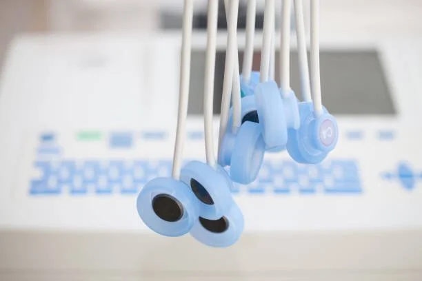 Dental suction tips hanging in front of dental equipment.