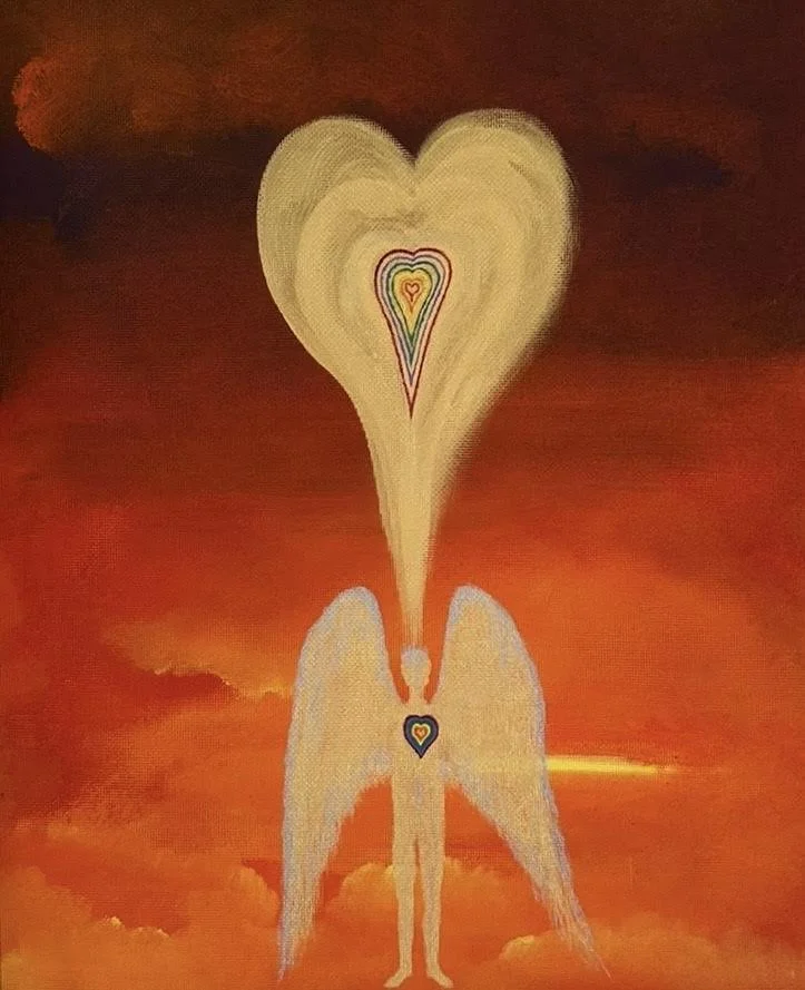 A silhouette of a Gods Arcangel, king of angels,  with wings standing against a fiery orange sky, with the large heart representing god , and smaller hearts within the larger hearts, showing the mirror the angel hopes to become.