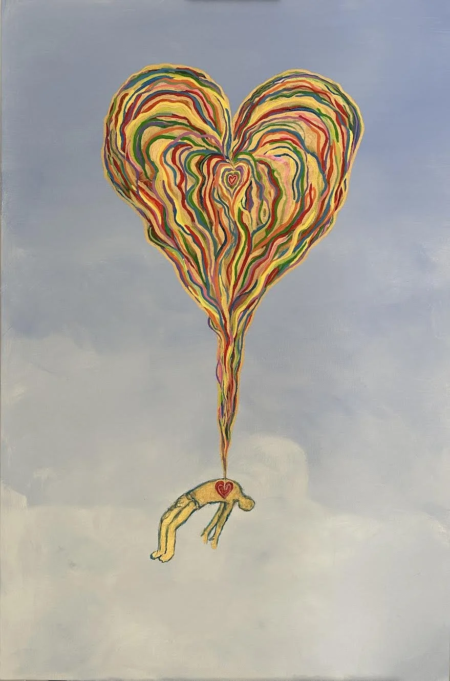 A colorful, abstract painting of a heart-shaped hot air balloon with swirling rainbow lines, carrying a small, yellow figure with a red heart on its chest, floating in a cloudy sky.
