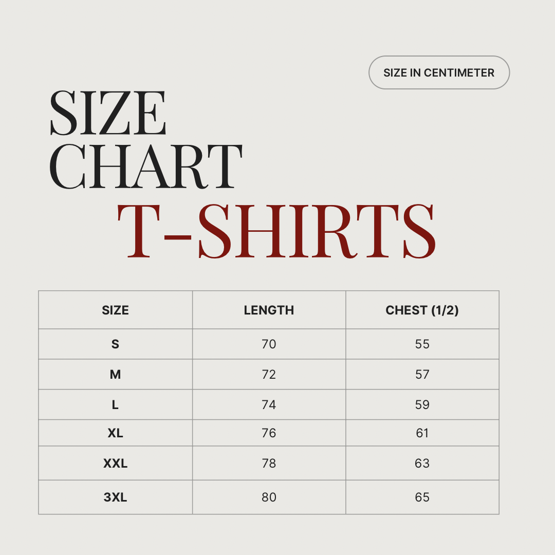 Size chart for T-shirts showing measurements for sizes S to 3XL in centimeters, including length and chest dimensions.