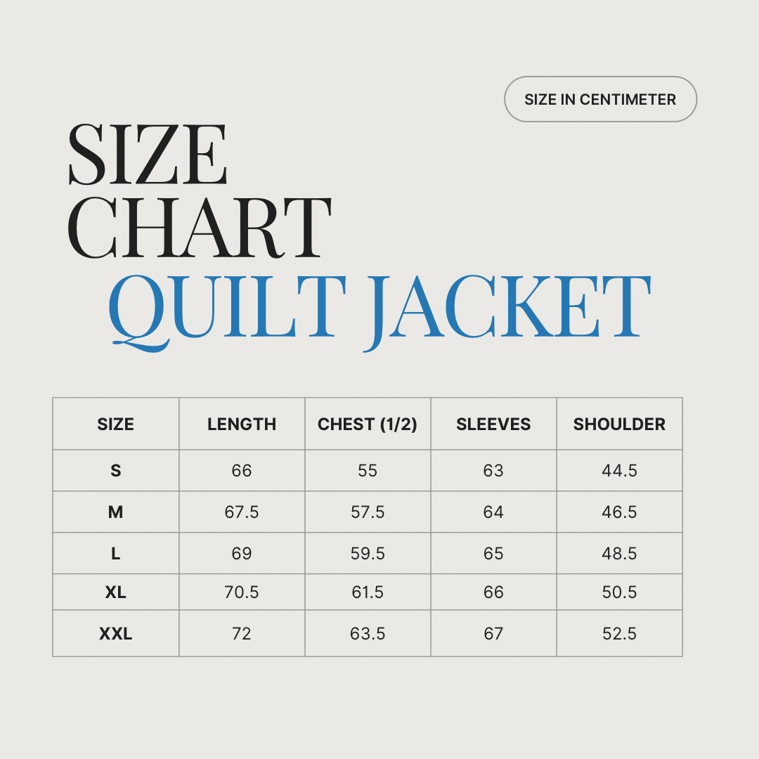 Size chart for quilt jacket showing measurements for sizes S, M, L, XL, XXL, including length, chest, sleeves, and shoulder dimensions.