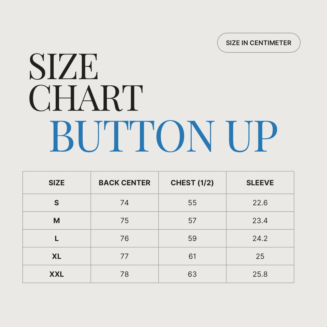 Size chart for a button-up shirt with measurements for back center, chest, and sleeve in centimeters, organized by size from S to XXL.