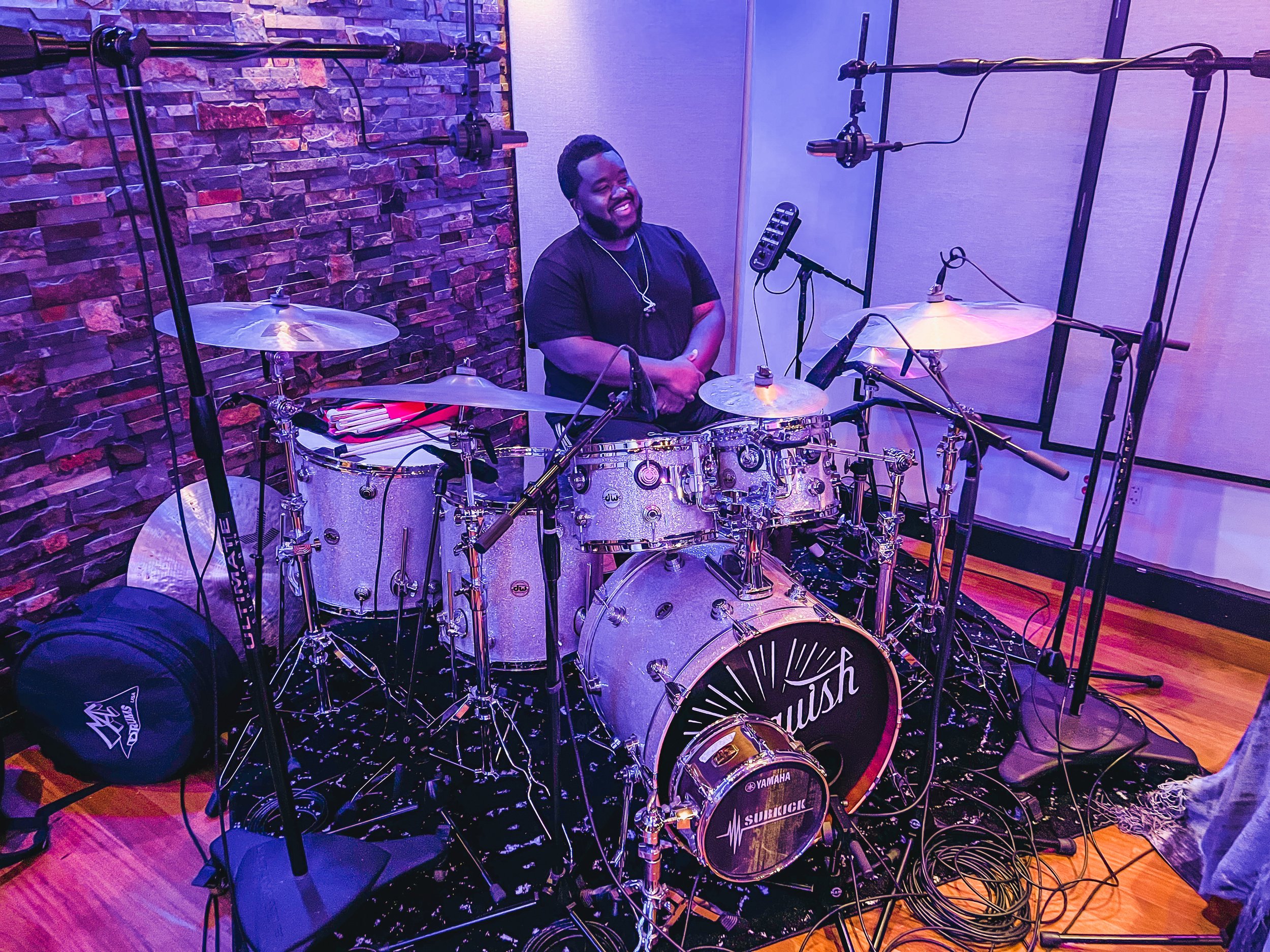 David "DChiv" Chiverton recording drums at Vanquish Studios on our custom made Broken Glass color DW Maple Mahogany Drum set. 