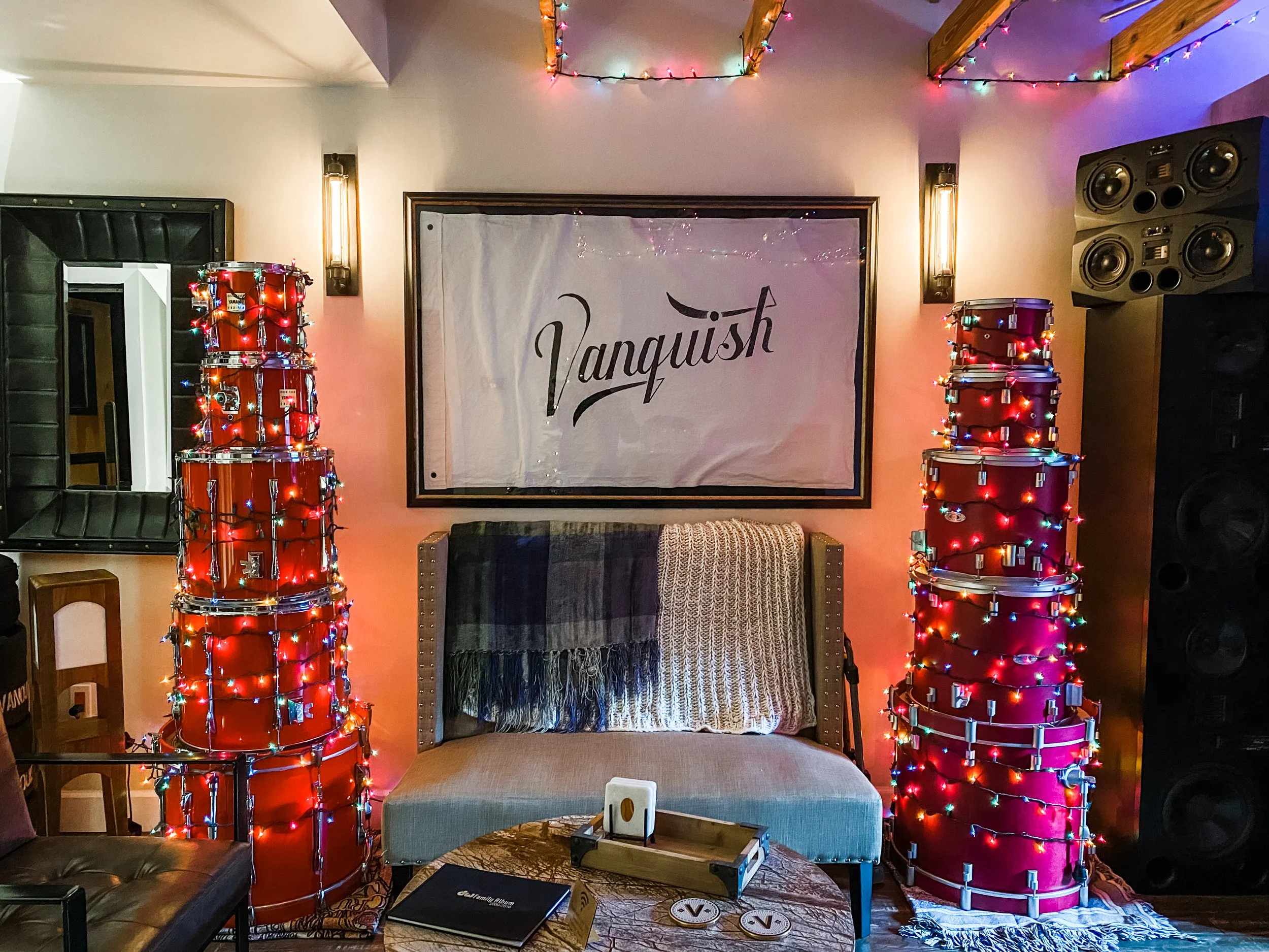 The Vanquish Studios Lounge during Christmas time, featuring some Christmas Tree Drum Sets. 