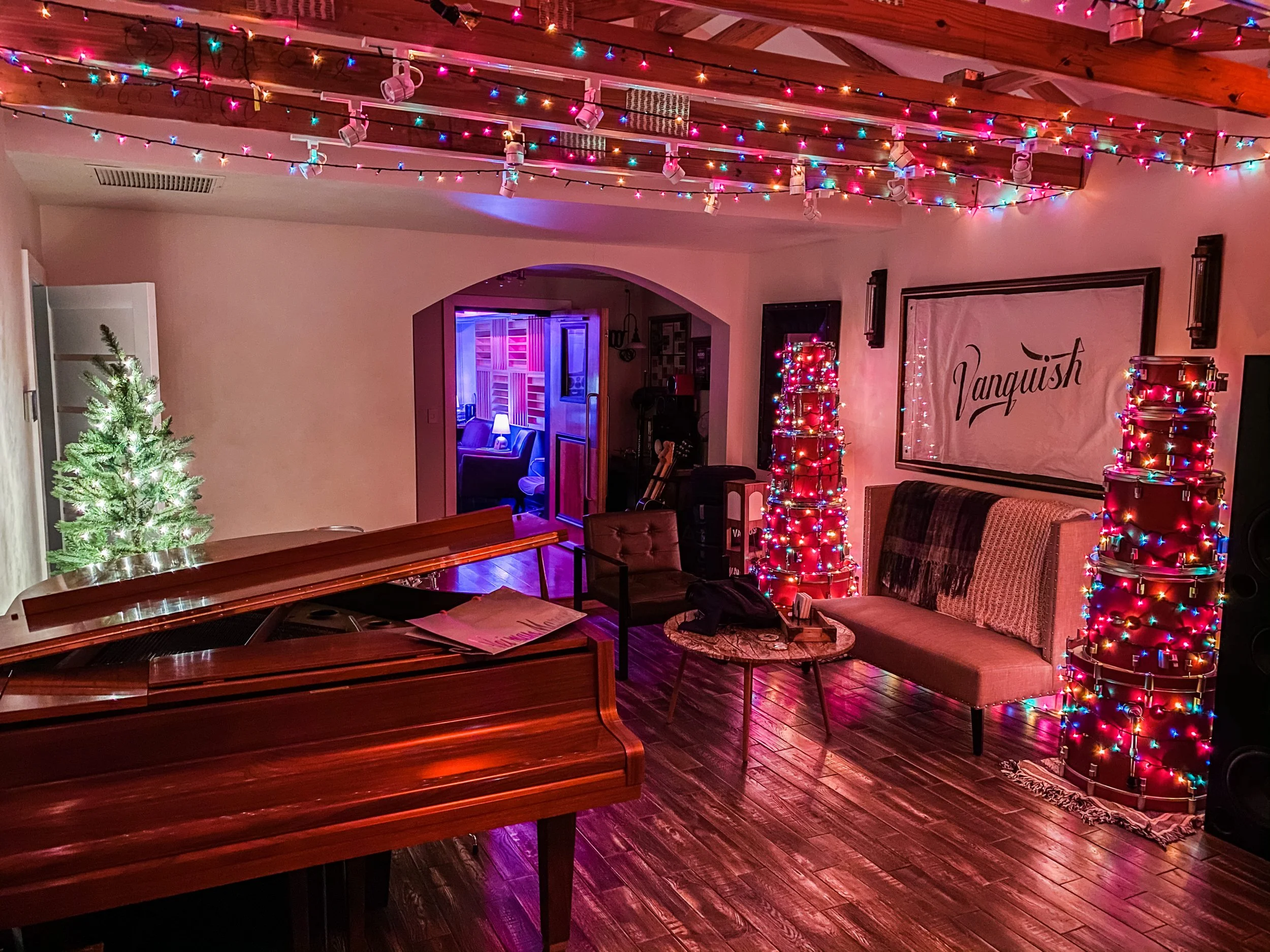 Christmas decorations in the lounge at Vanquish Studios.