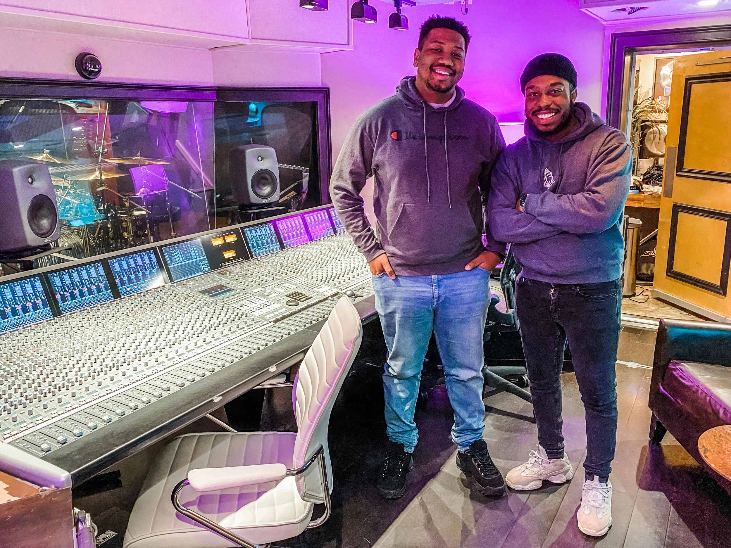 Caleb Allen and Xavier Campbell recording at Vanquish Studios on the Solid State Logic Duality. 