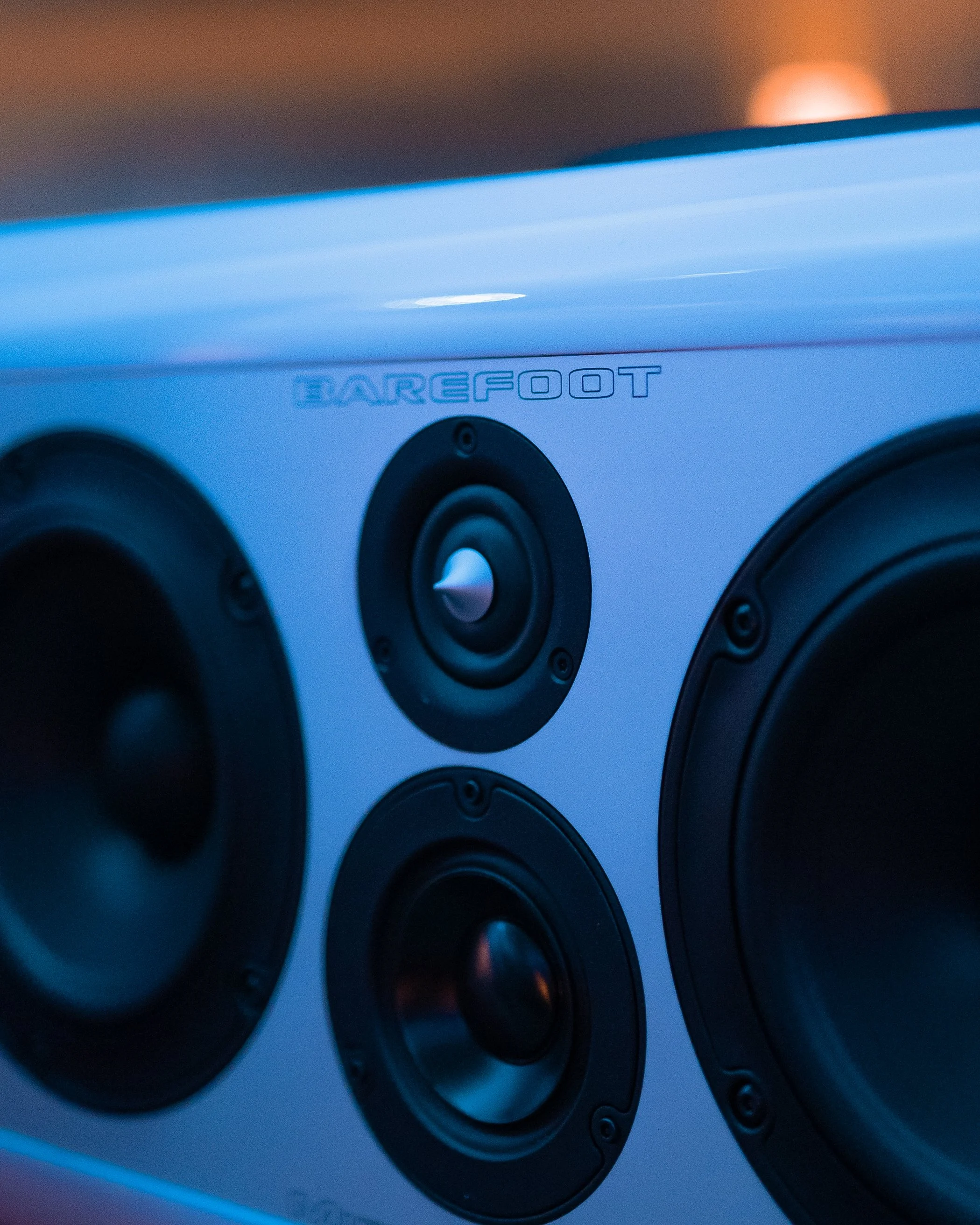 Custom white Barefoot Sound MM26 monitors at Vanquish Studios 