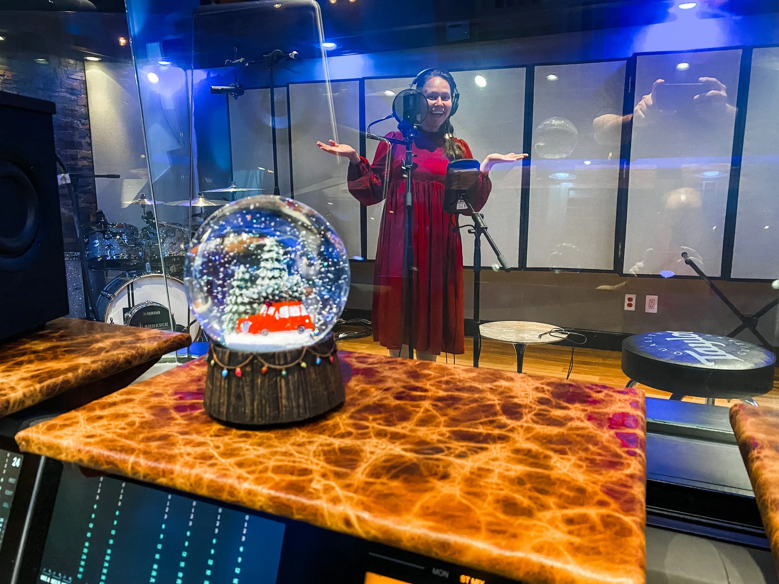 Rachel French recording a Christmas single at Vanquish Studios in July. We added a snowglobe to create the atmosphere. 