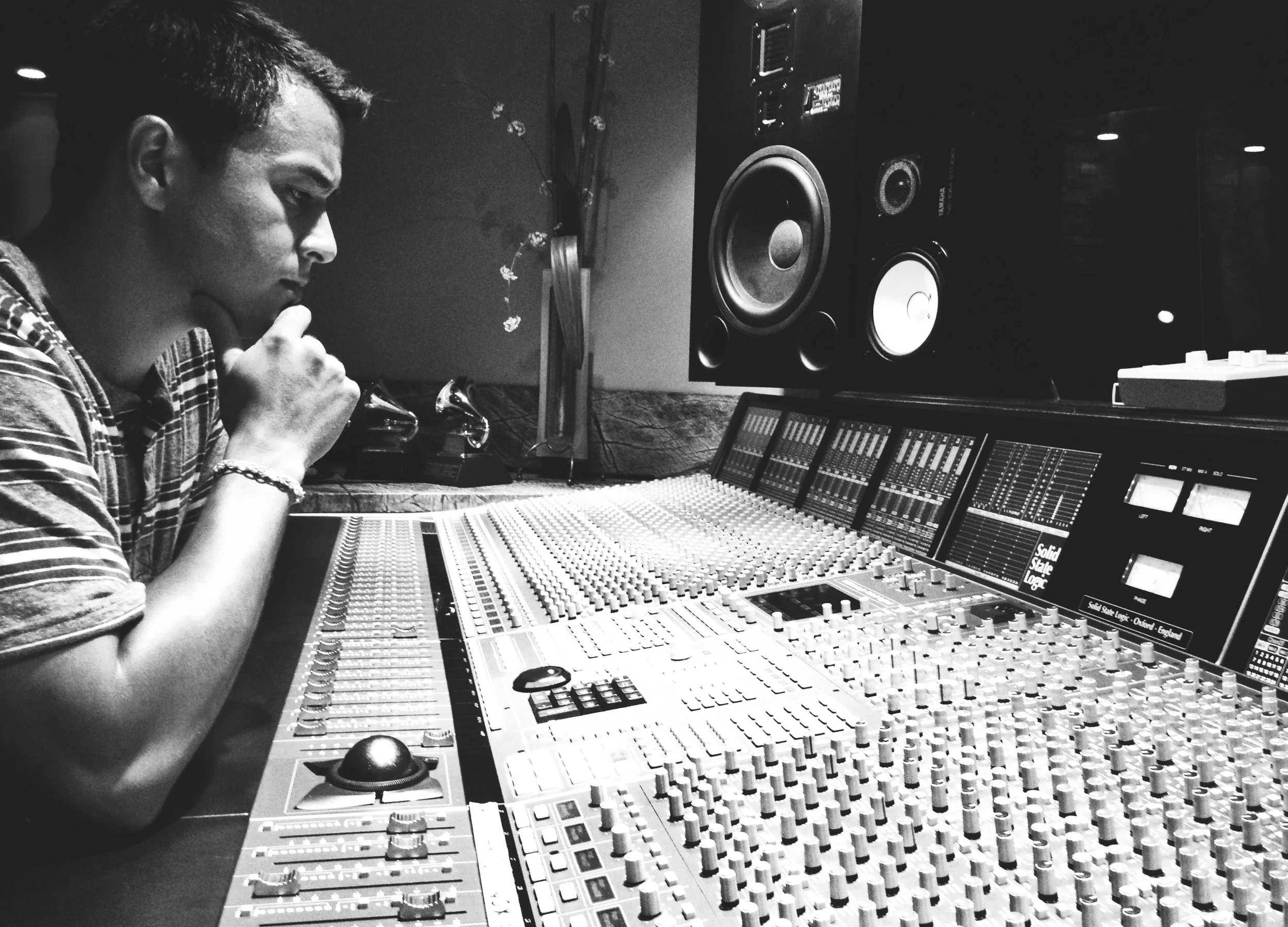 Producer Chris Hardy listening back on Yamaha NS-10's, running through the Solid State Logic Duality. 