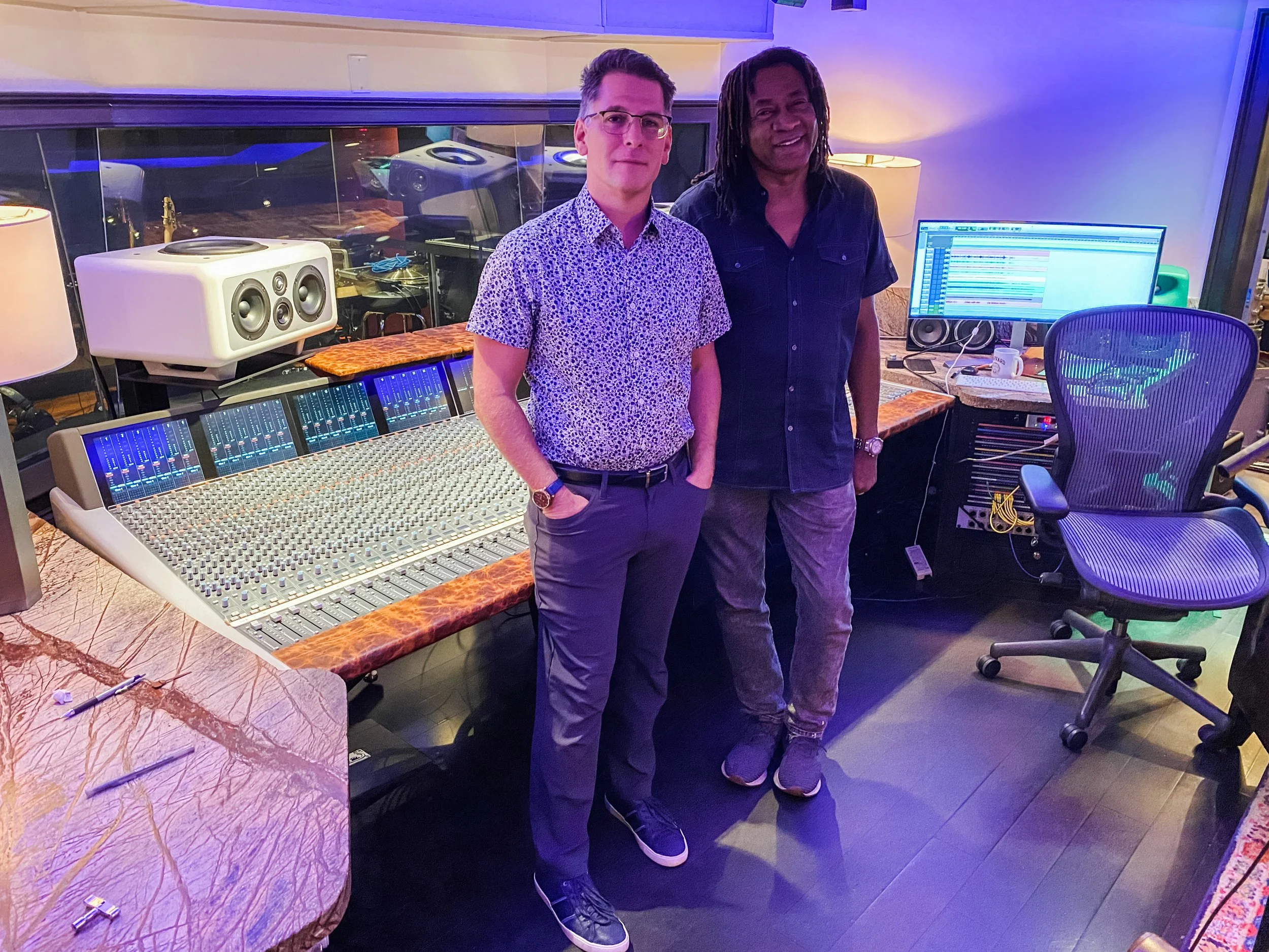 Dave Kutch and Jimmy Douglas working at Vanquish Studios. Pictured in front of the Solid State Logic Duality and Custom White Barefoot Sound MM26's.