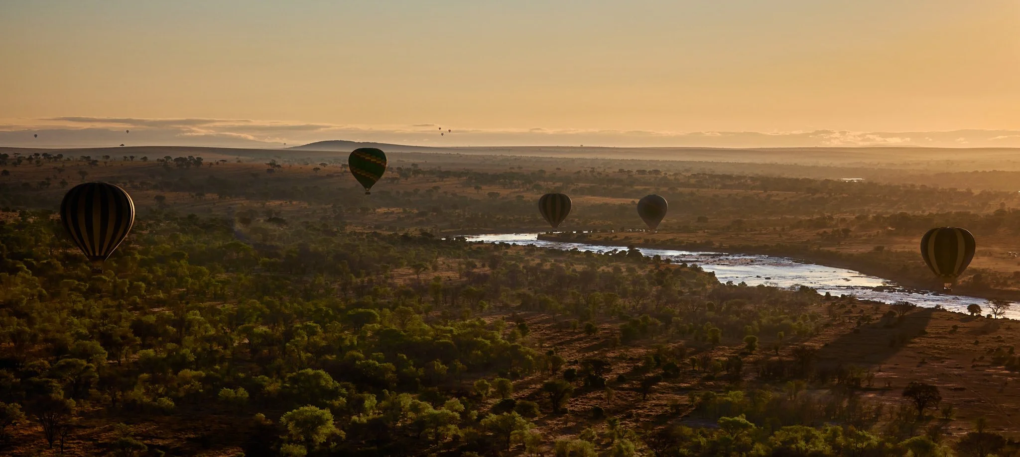Sunrise Africa Serengeti, hot air balloons, savanna