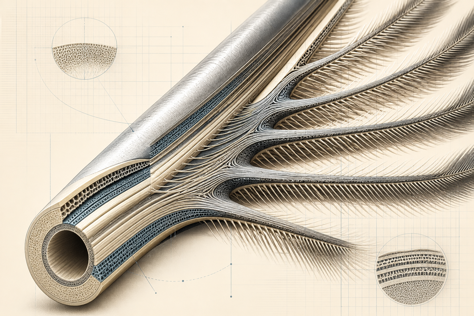 Inside the Feather Shaft: How Rachis Fibers Connect to the Barbs
