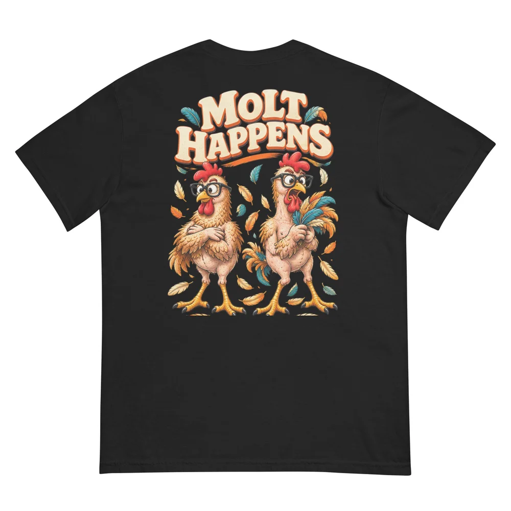 Back of the black Molt Happens T-shirt with Poultry Nerds chicken artwork