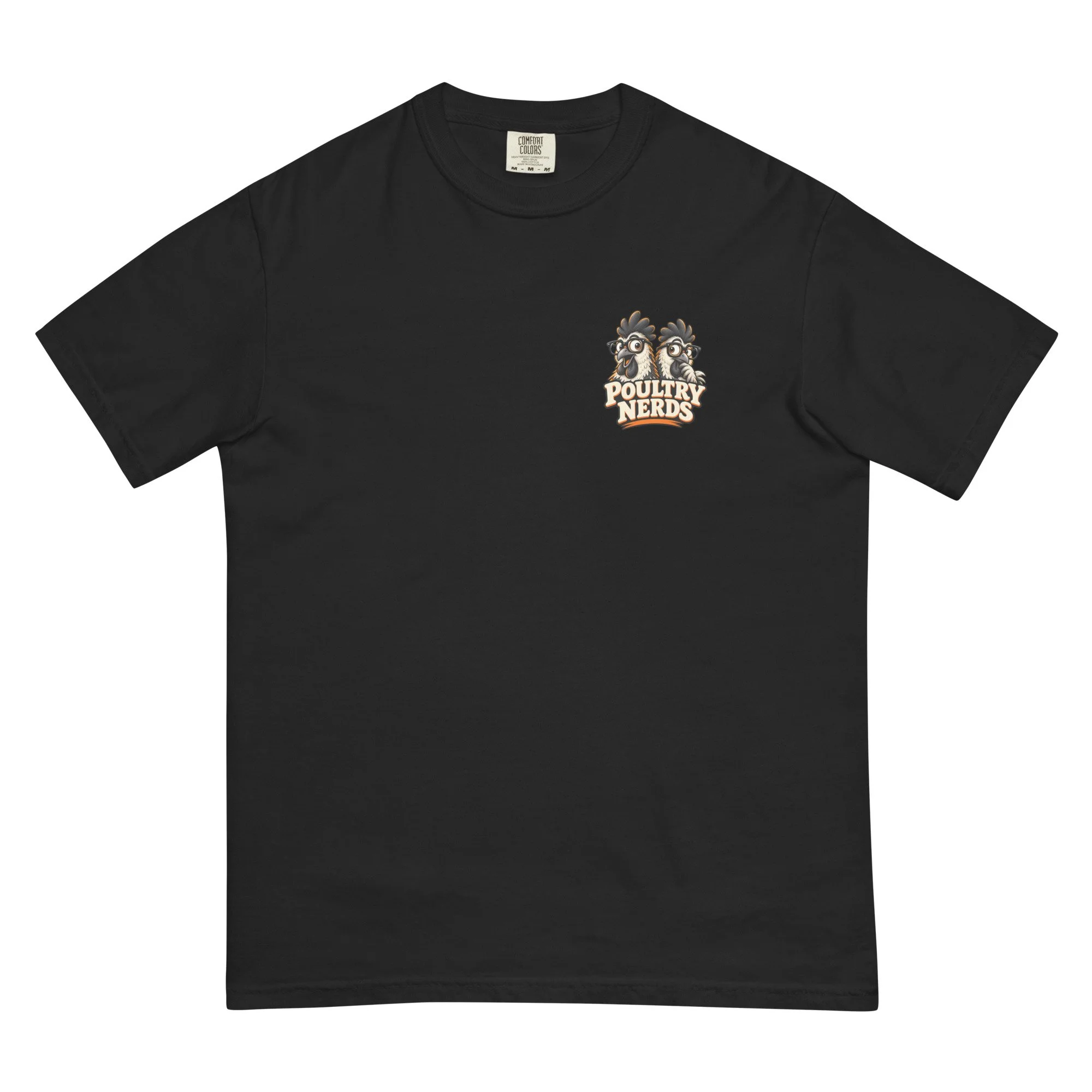Front of a black Comfort Colors T-shirt with a small Poultry Nerds chicken logo on the chest.