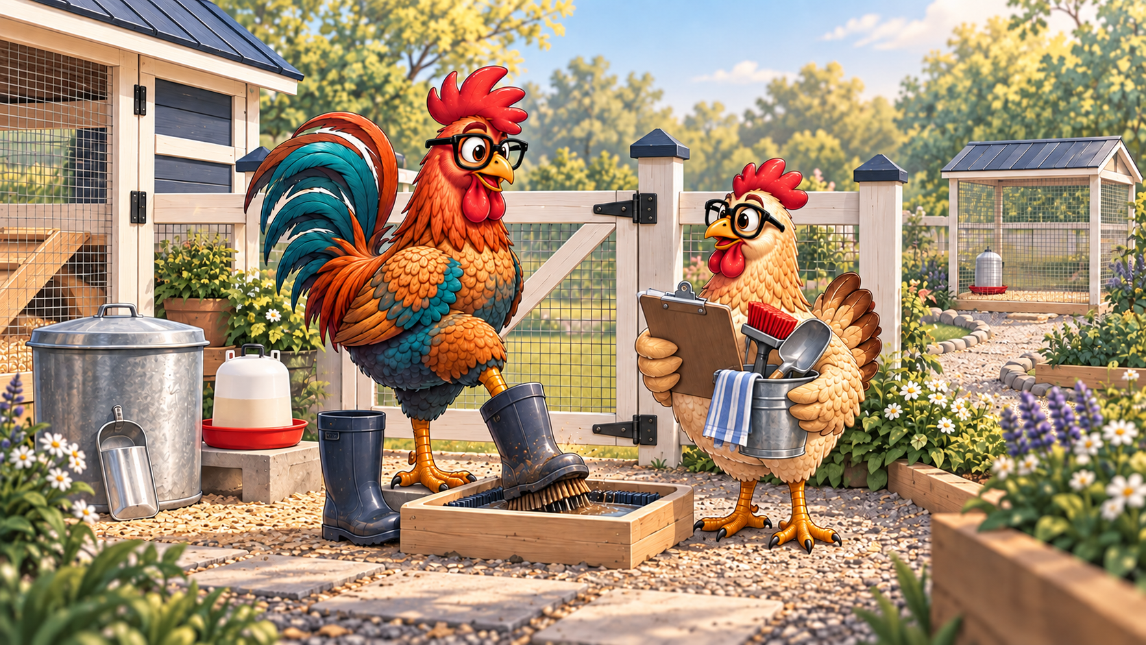 Poultry Nerds rooster and hen practicing biosecurity at a clean poultry yard entrance